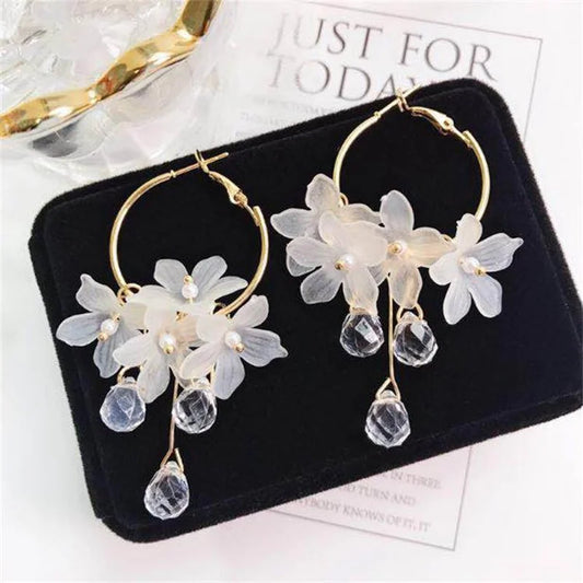 White Acrylic Flower Long Drop Earrings