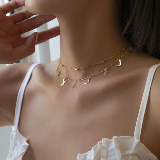 Double Layer Star Moon Beaded Clavicle Necklace