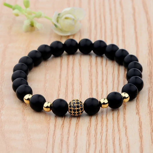 Natural Stone Yoga Bead Bracelet - Micro Pave CZ Ball Accent