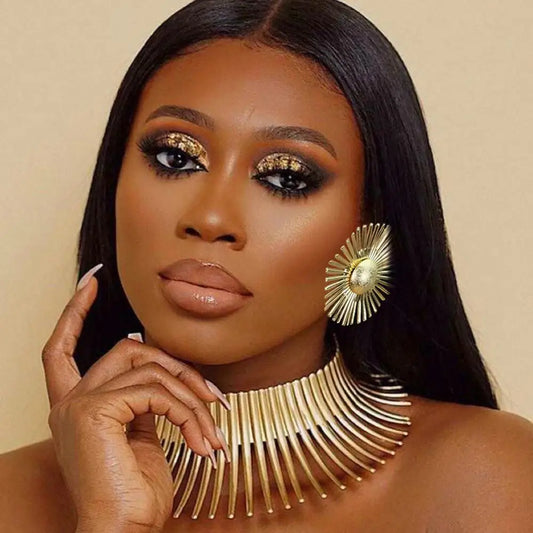 African Torque Choker Necklace and Earrings Set - Bold Metal Design