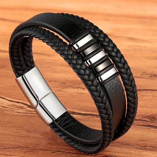 Black Braided Leather Magnetic Bracelet - Stainless Steel Charm