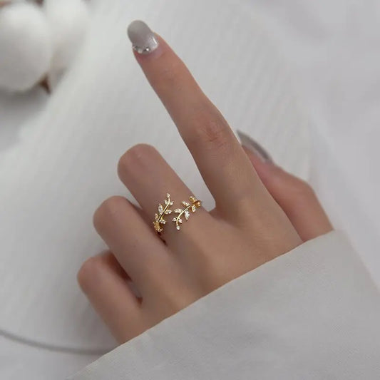 925 Sterling Silver Zircon Leaf Adjustable Ring