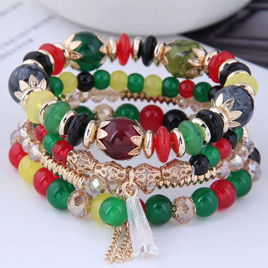Green Crystal Tassel Charm Bracelet - Boho Gold Color Chain