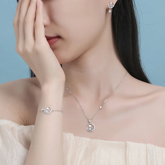 S925 Cat Moon CZ Jewelry Set with Necklace Earrings Bracelet