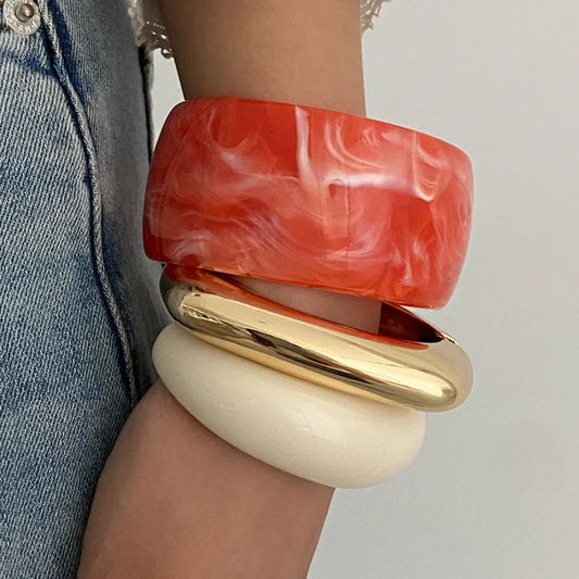 Boho Acrylic Resin Wide Bangle Set - Geometric Statement Bracelets
