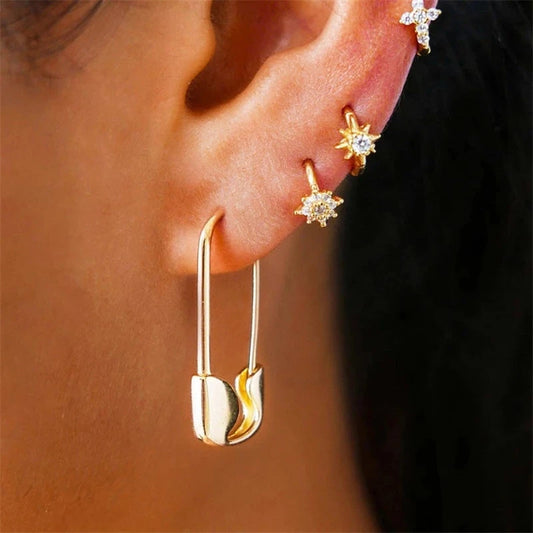 Minimalist Safety Pin Leverback Earrings - Gold Plated Lock Style