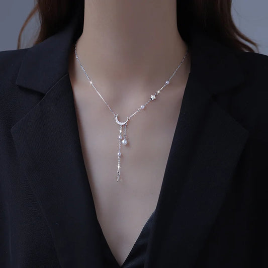 925 Sterling Silver Star Moon Zircon Tassel Necklace
