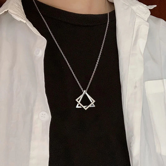 Stainless Steel Interlocking Triangle Square Pendant Necklace