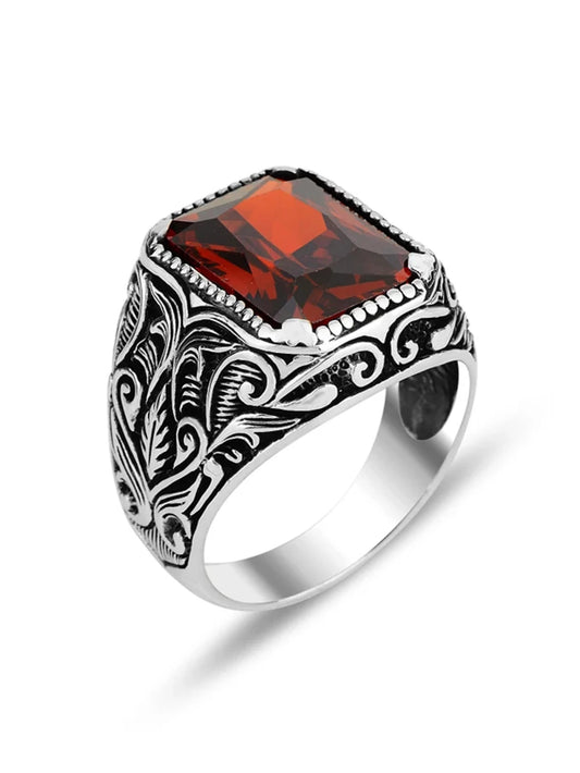 Vintage Turkish Red Yellow Zircon Signet Ring