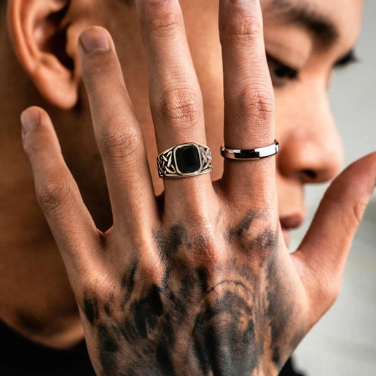 Vintage Viking Knot Black Stone Signet Ring for Men