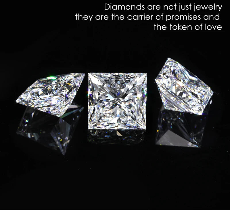 Princess Lab grown diamonds including a GIA IGI certificate 
Colour: D E F G 
Clarity: VVS VS 
Sizes: 0.5ct 1ct 2ct