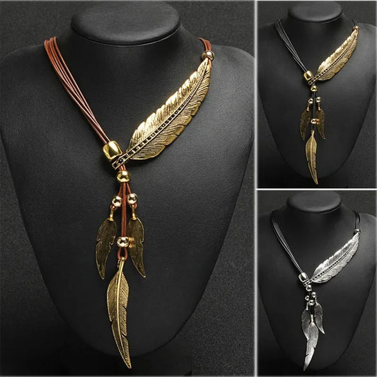 Bohemian Leaf Feather Pendant Necklace - Rope Chain Statement Style