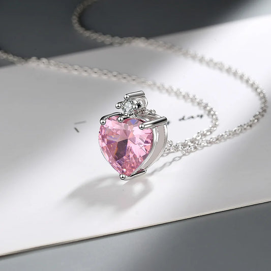 925 Sterling Silver Pink Heart Zircon Necklace