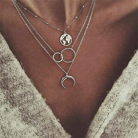 Retro Moon World Map Multilayer Gold Color Necklace