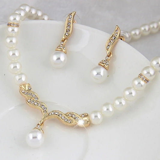 Gold Pearl Bridal Necklace and Earring Set - Elegant Wedding Jewelry
