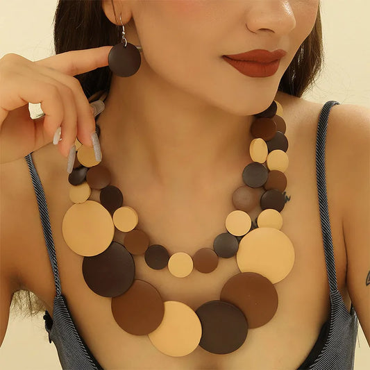 Colorful Wooden Bead Necklace and Earrings Set - African Party Style