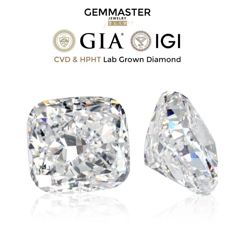 Cushion cut Lab grown diamonds including a GIA IGI certificate 
Colour: D E F 
Clarity: VVS
Sizes: 0.5ct 1ct
Cut: Excellent cut
