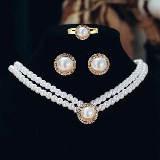 White Imitation Pearl Bridal Jewelry Set - Necklace Earrings and Ring