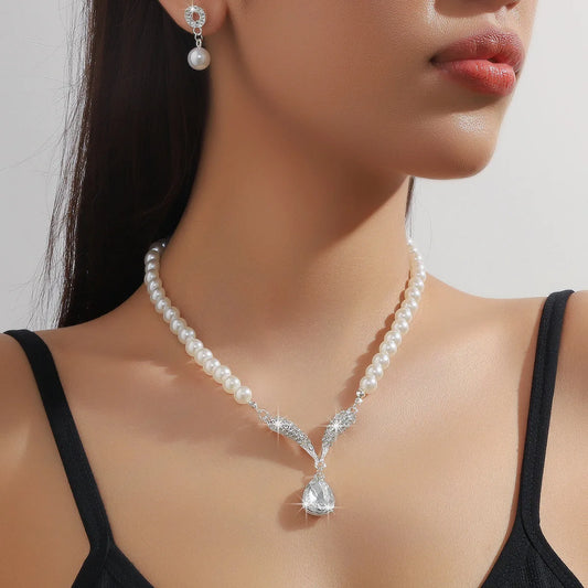 TREAZY Simulated Pearl Bridal Jewelry Set - Rhinestone Necklace and Earrings