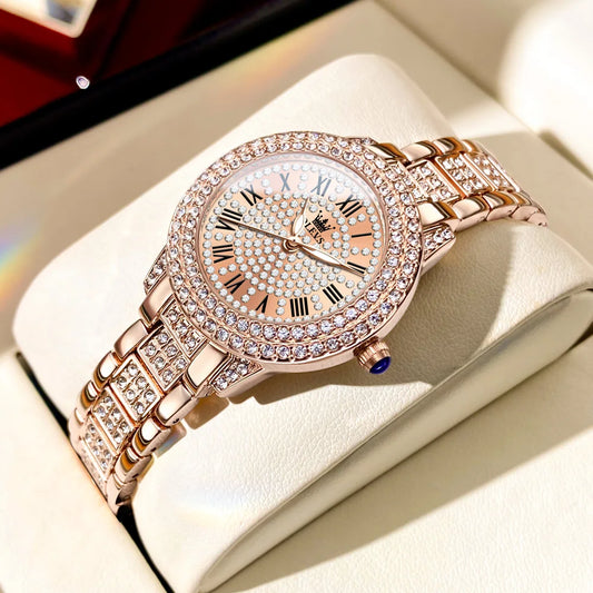 OLEVS Roman Dial Womens Quartz Watch - Diamond Luminous Waterproof Style