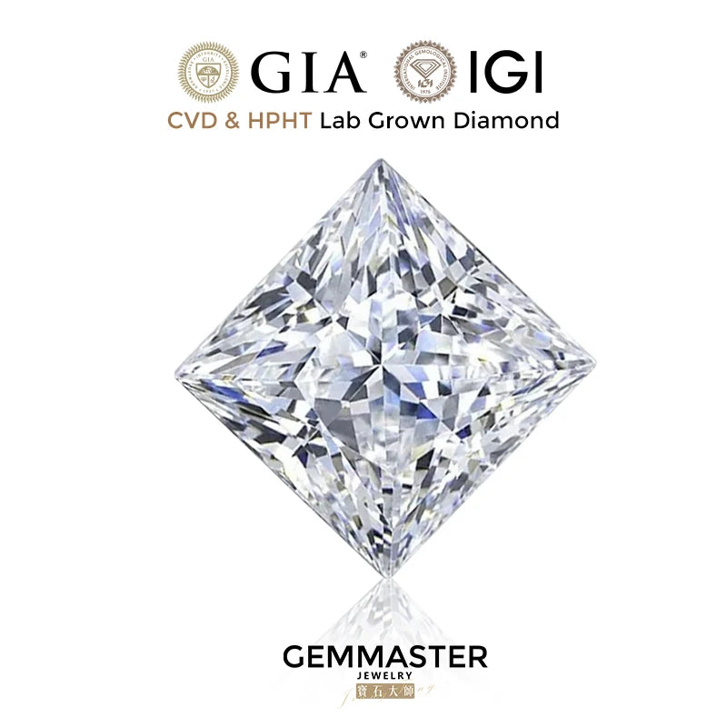 Princess Lab grown diamonds including a GIA IGI certificate 
Colour: D E F G 
Clarity: VVS VS 
Sizes: 0.5ct 1ct 2ct