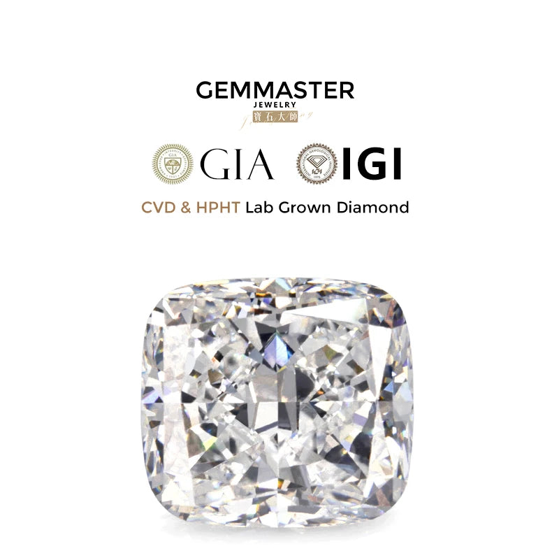 Cushion cut Lab grown diamonds including a GIA IGI certificate 
Colour: D E F 
Clarity: VVS
Sizes: 0.5ct 1ct
Cut: Excellent cut