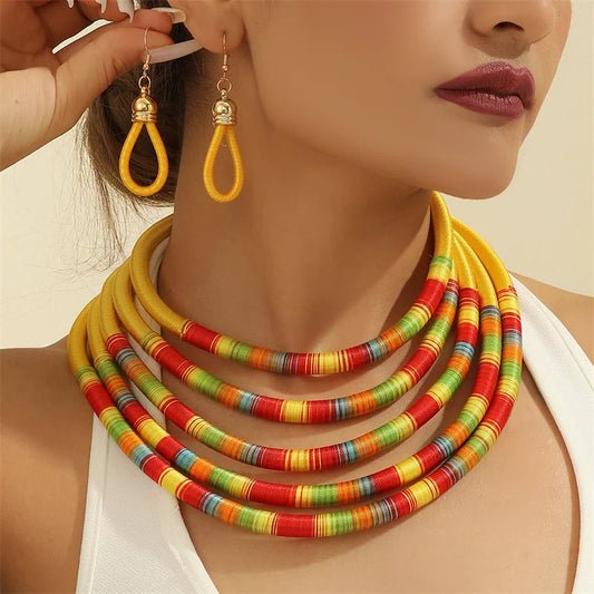 African Woven Choker Necklace and Earrings Set - Bridal Party Jewelry