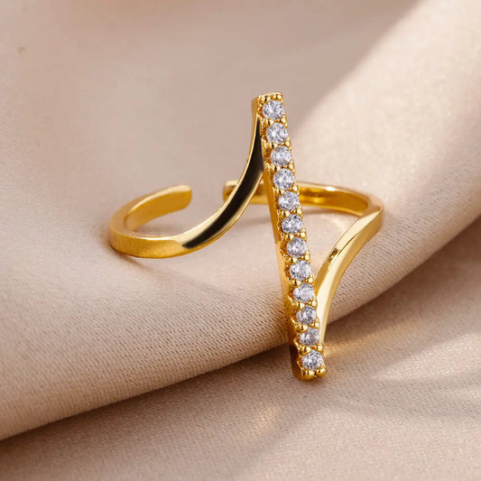 Gold Color Stainless Steel Geometric Zircon Open Ring