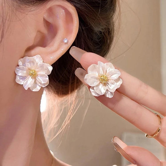 White Camellia Flower Stud Earrings