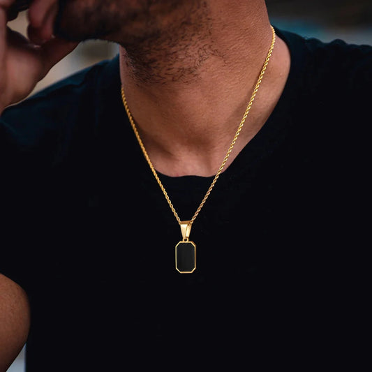 Black Enamel Geometric Rectangle Pendant Necklace for Men