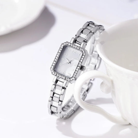 Square Rhinestone Quartz Bracelet Watch - Stainless Steel Dress Style
