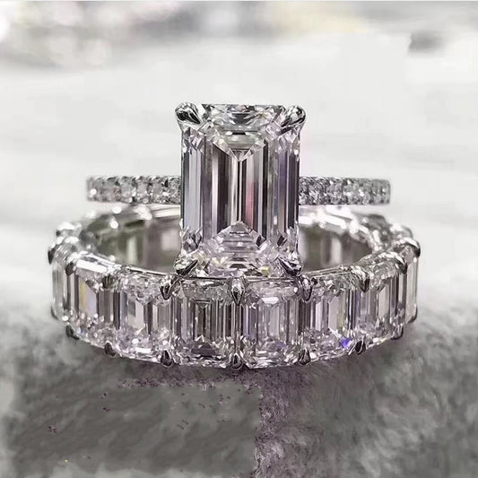 925 Sterling Silver Emerald Cut Engagement Band Ring - Bridal Promise Jewelry