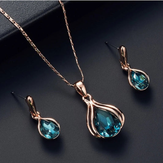Blue Green Water Drop Jewelry Set - Geometric Necklace and Earrings
