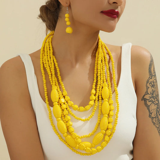 African Wooden Bead Necklace and Earrings Set - Colorful Boho Style