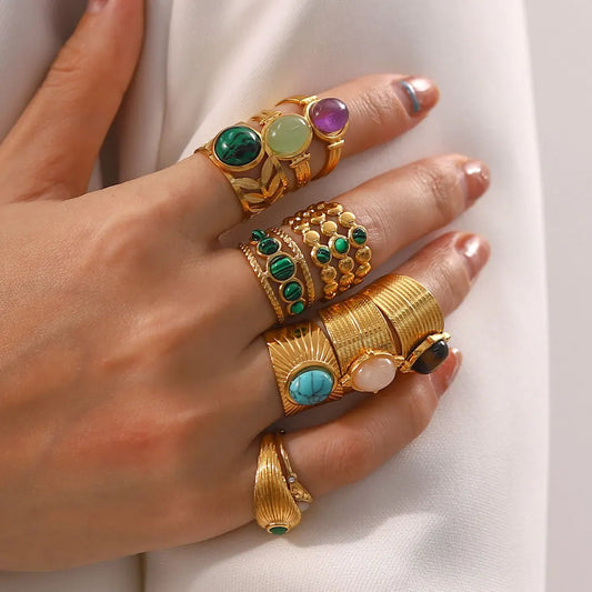 Stainless Steel Natural Stone Golden Ring for Women