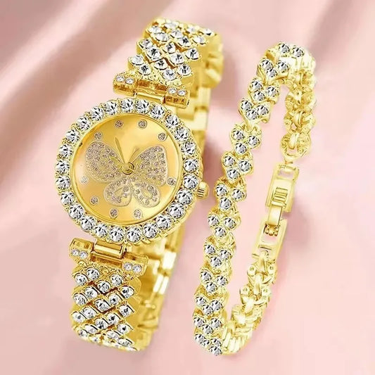 Butterfly Dial Quartz Watch and Bracelet Set - Rhinestone Gift Style