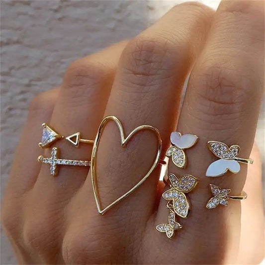 Korean Pearl Butterfly Heart Ring Set for Women