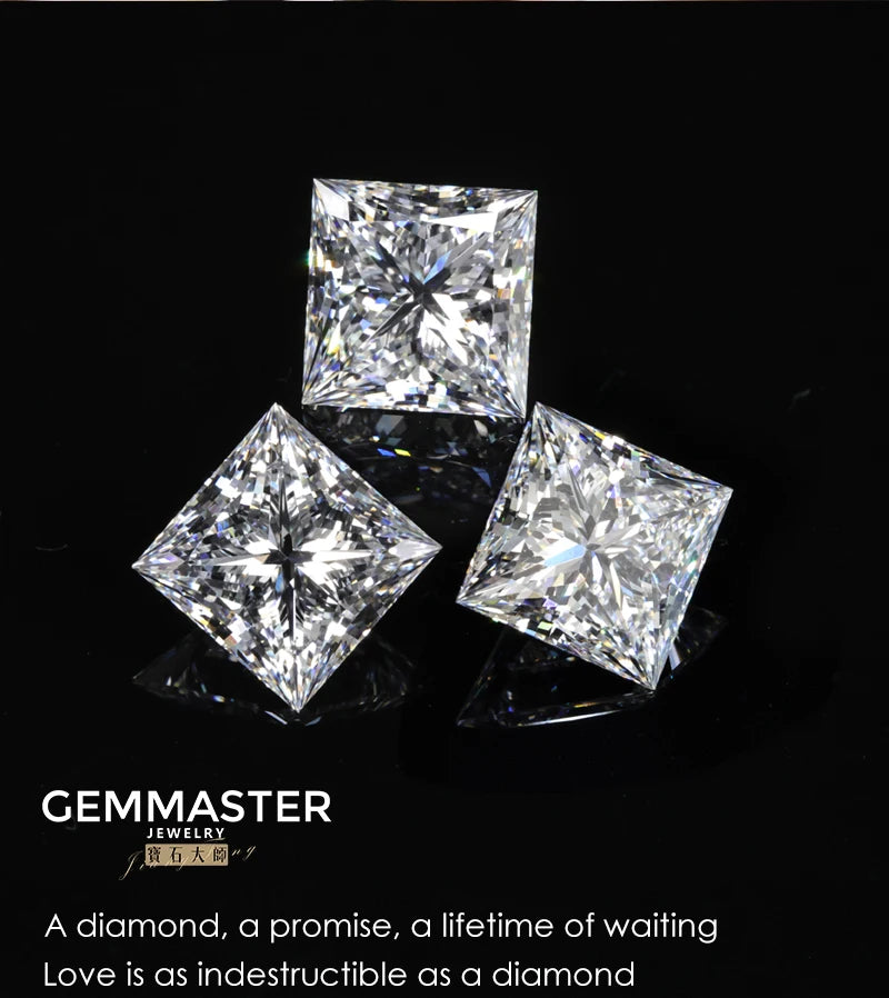 Princess Lab grown diamonds including a GIA IGI certificate 
Colour: D E F G 
Clarity: VVS VS 
Sizes: 0.5ct 1ct 2ct
