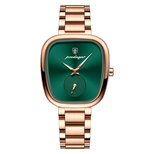 POEDAGAR Rose Gold Green Womens Quartz Watch - Waterproof Stainless Steel