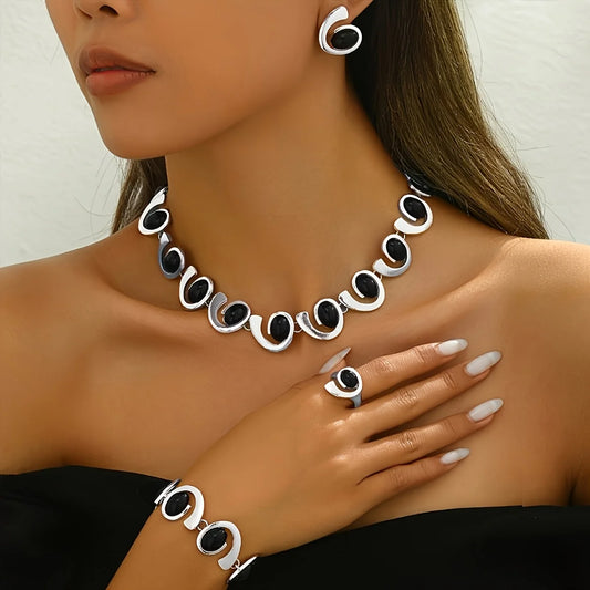 Silver Geometric Necklace Earrings Bracelet Ring Set - Black Acrylic Inlay