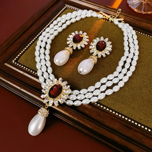 French Flower Pearl Necklace and Earring Set - Rhinestone Drop Style