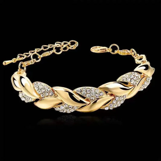 Braided Leaf Crystal Bracelet - Rose Gold Wedding Gift Style