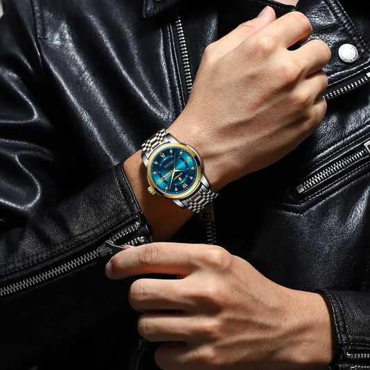 POEDAGAR Gold Green Mens Quartz Watch - Date Week Luminous Design