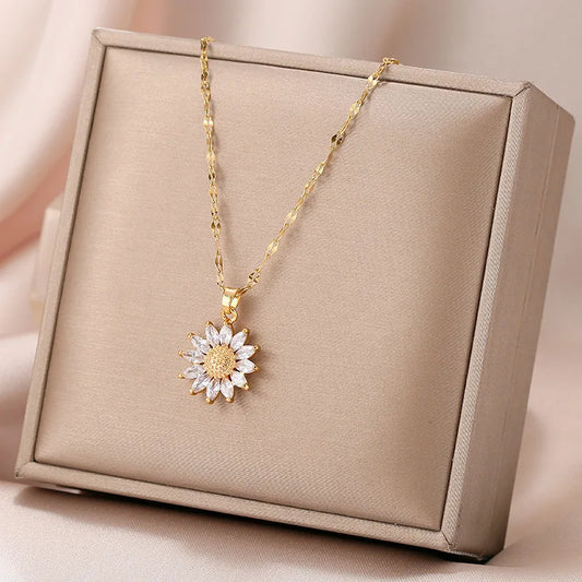 Gold Color Flower Zirconia Titanium Steel Necklace