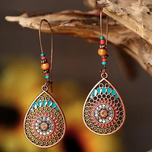 Bohemian Bronze Round Carved Drop Earrings