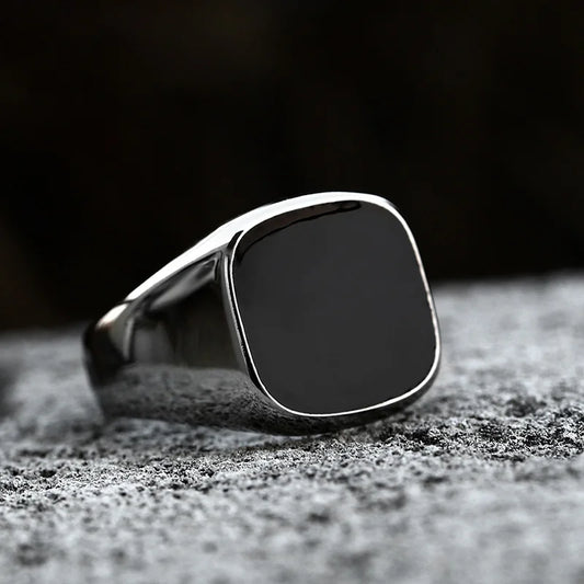 Black Glass Onyx Square Signet Ring for Men