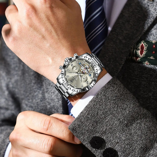 POEDAGAR Silver Green Automatic Mens Watch - Hollow Mechanical Date Week
