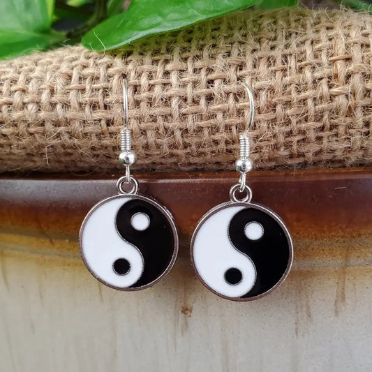 Yin Yang Round Black and White Drop Earrings