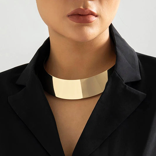Chunky Metal Torque Choker Necklace - Wide Smooth Collar Design