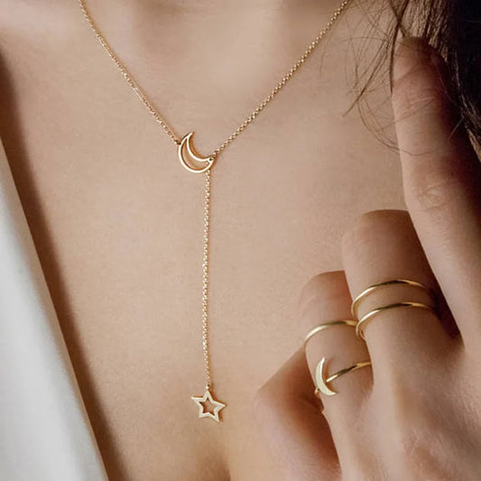 Moon Star Gold Color Choker Pendant Necklace